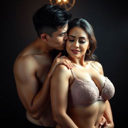A 37-year-old Indonesian man with pure white skin is embracing a stunning 28-year-old woman with a sturdy and sexy body from behind in a very affectionate yet slightly intimidating manner