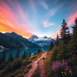 A stunning scene of a majestic mountain landscape at sunrise, with vibrant orange and pink colors illuminating the sky