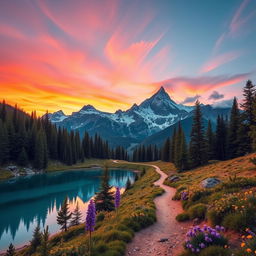 A stunning scene of a majestic mountain landscape at sunrise, with vibrant orange and pink colors illuminating the sky
