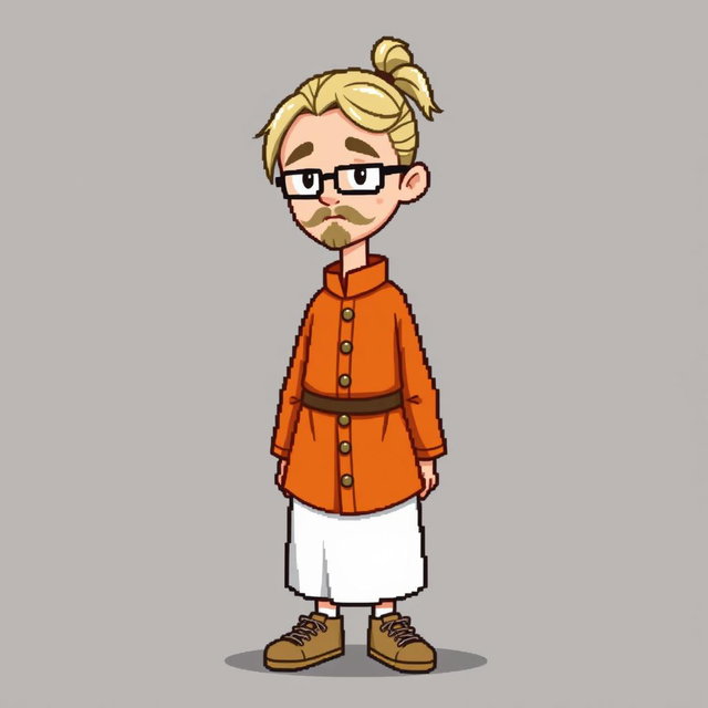 A pixel character in the style of 16 bits, depicting a monk who is about 30 years old with a narrow face and European appearance