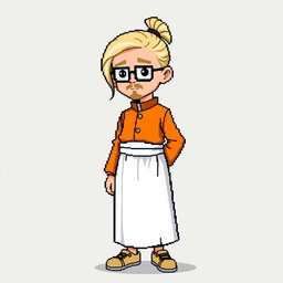 A pixel character in the style of 16 bits, depicting a monk who is about 30 years old with a narrow face and European appearance