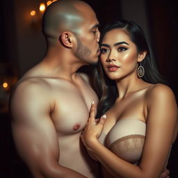A 37-year-old Indonesian man with pure white skin is affectionately hugging a beautiful 28-year-old woman with a sturdy and sexy body from behind, creating an aura of intimacy and subtle intimidation