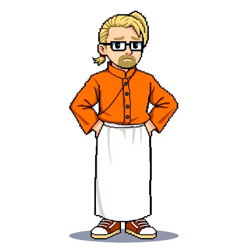 A pixel character in the style of 16 bits, representing a 30-year-old monk with a narrow face and European features