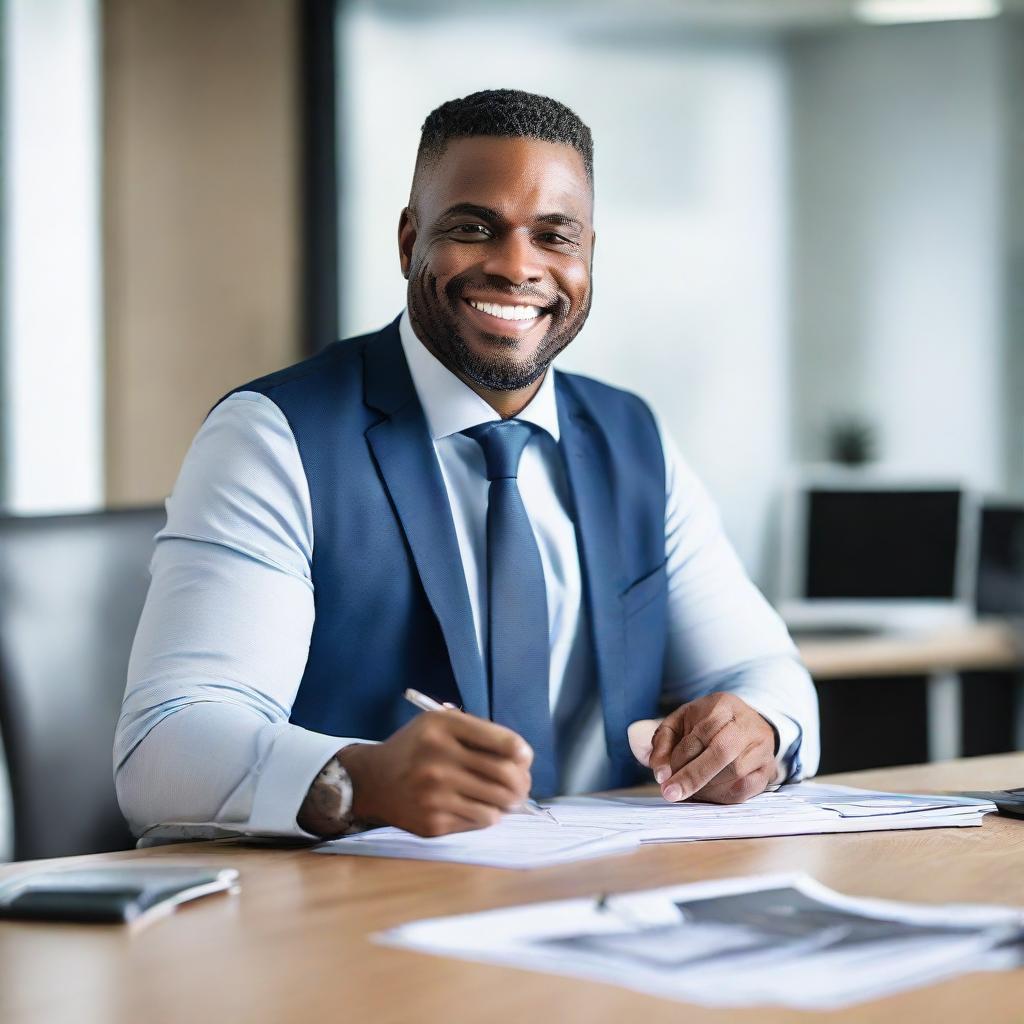 A professional, friendly mortgage broker in a modern office, shuffling through paperwork with a welcoming smile.