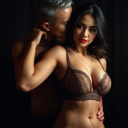 A 37-year-old Indonesian man with pure white skin lovingly embraces a beautiful 28-year-old woman with a sturdy and sexy body from behind, displaying an affectionate yet slightly intimidating demeanor