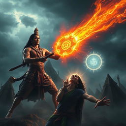 A dramatic and emotional scene capturing the intense moment when Ashwatthama unleashes the Brahmastra to target the unborn child in Uttara's womb