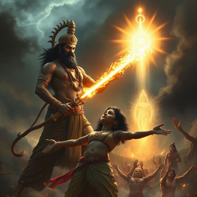 A dramatic and emotional scene capturing the intense moment when Ashwatthama unleashes the Brahmastra to target the unborn child in Uttara's womb