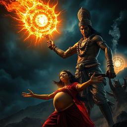 A dramatic and emotional scene capturing the intense moment when Ashwatthama unleashes the Brahmastra to target the unborn child in Uttara's womb