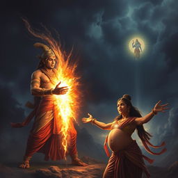A dramatic and emotional scene capturing the intense moment when Ashwatthama unleashes the Brahmastra to target the unborn child in Uttara's womb