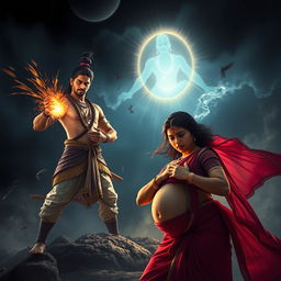A dramatic and emotional image capturing the moment when Ashwatthama unleashes the Brahmastra to target Uttara's unborn child