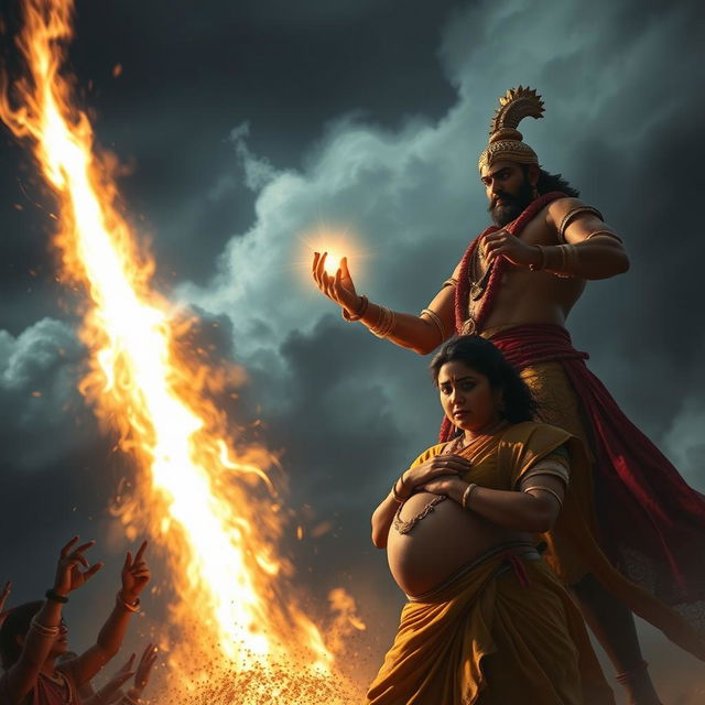 A dramatic and emotional image capturing the moment when Ashwatthama unleashes the Brahmastra to target Uttara's unborn child