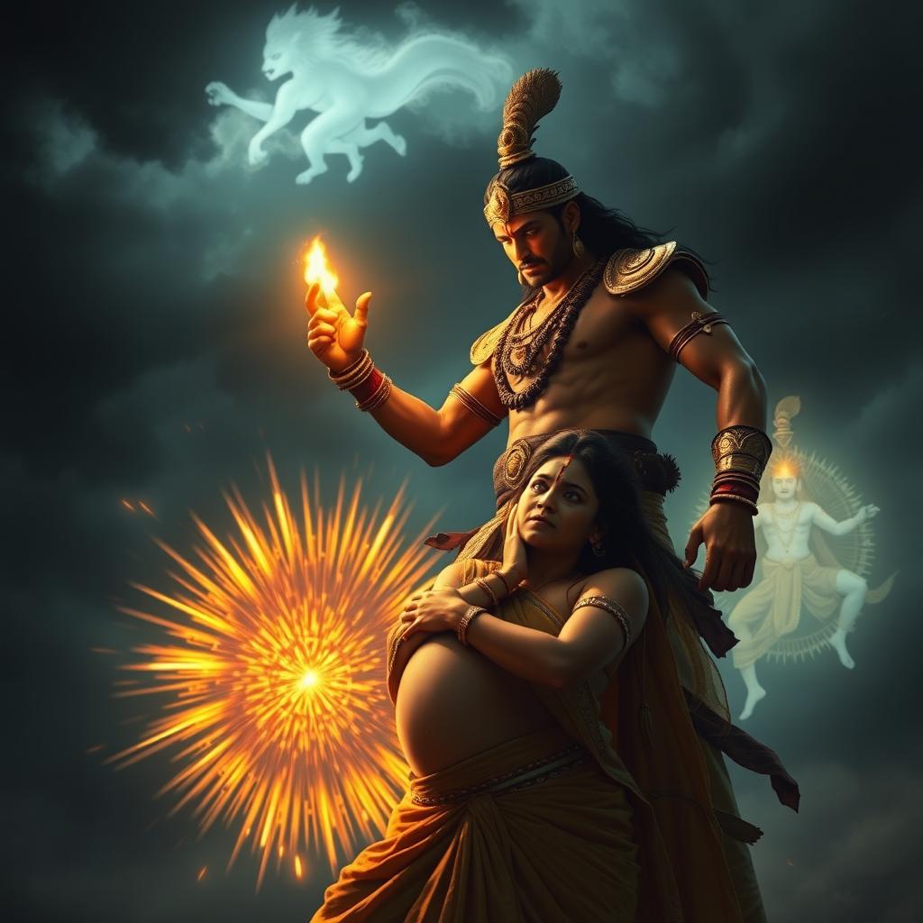 A dramatic and emotional image capturing the moment when Ashwatthama unleashes the Brahmastra to target Uttara's unborn child