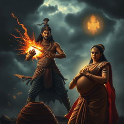 A dramatic and emotional image capturing the moment when Ashwatthama unleashes the Brahmastra to target Uttara's unborn child
