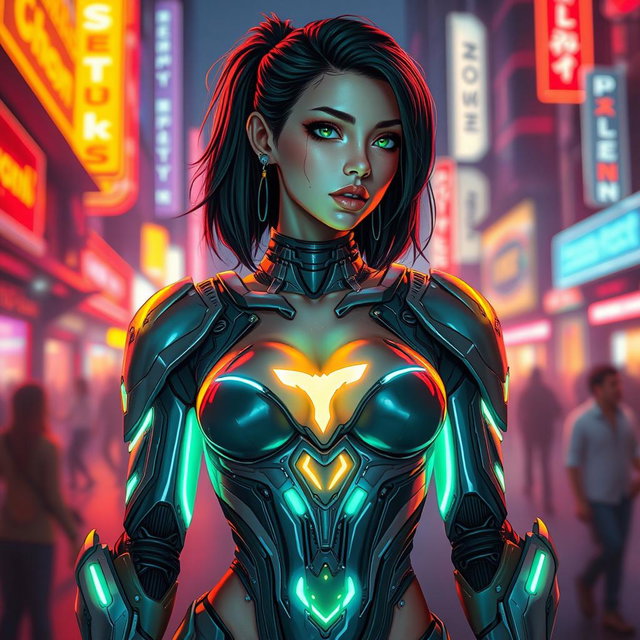 A femboy cyborg featuring feminine futuristic armor that is sleek and shiny with holographic elements