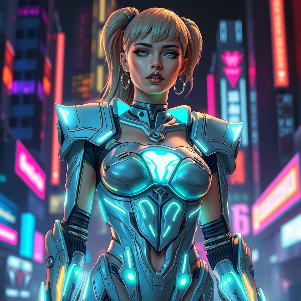 A femboy cyborg featuring feminine futuristic armor that is sleek and shiny with holographic elements