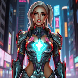 A femboy cyborg featuring feminine futuristic armor that is sleek and shiny with holographic elements