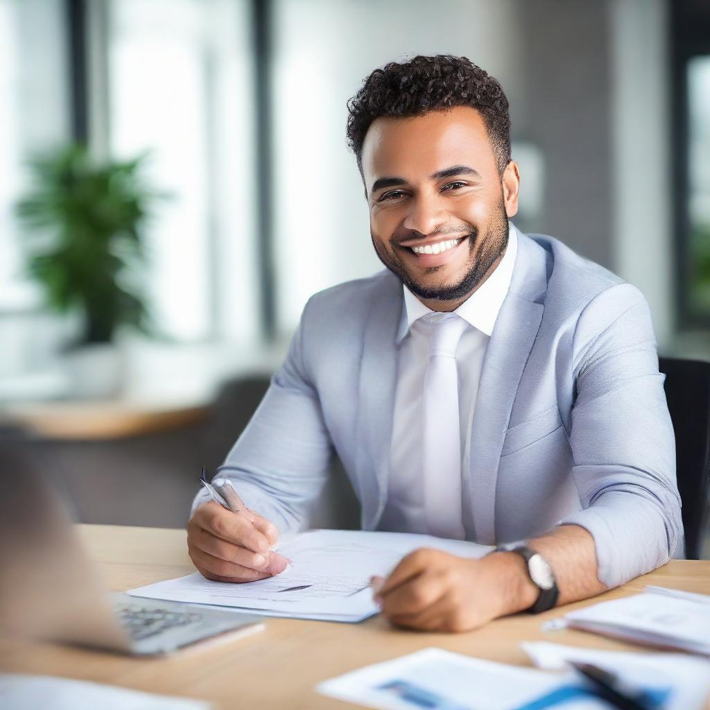 A professional, friendly mortgage broker in a modern office, shuffling through paperwork with a welcoming smile.