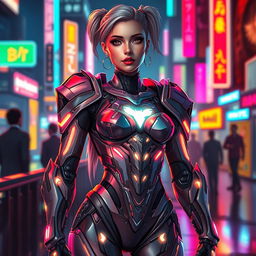A femboy cyborg featuring feminine futuristic armor that is sleek and shiny with holographic elements