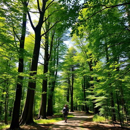 A serene forest scene featuring tall, lush green trees with a charming path winding through them
