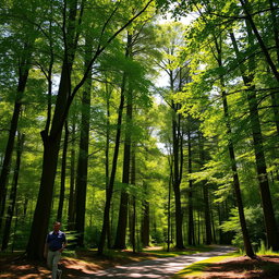 A serene forest scene featuring tall, lush green trees with a charming path winding through them
