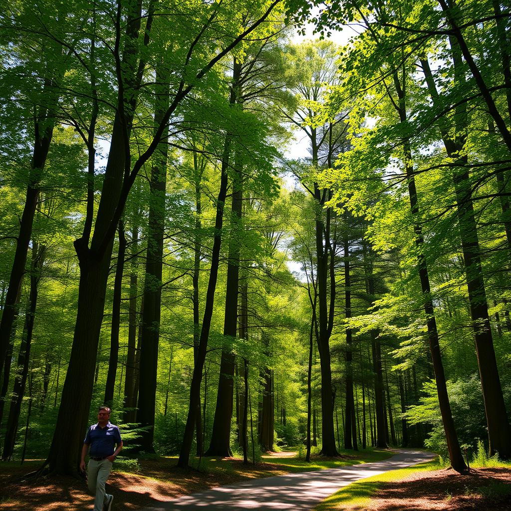 A serene forest scene featuring tall, lush green trees with a charming path winding through them