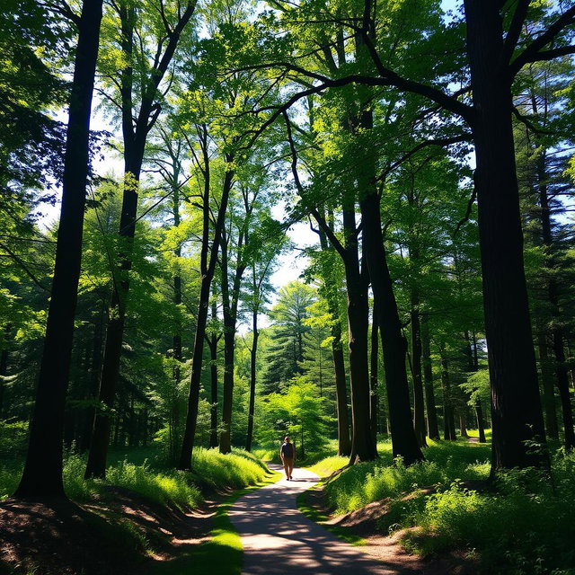 A serene forest scene featuring tall, lush green trees with a charming path winding through them