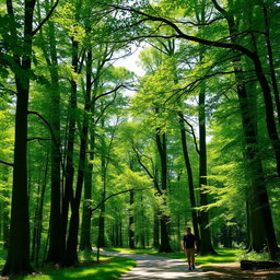 A serene forest scene featuring tall, lush green trees with a charming path winding through them