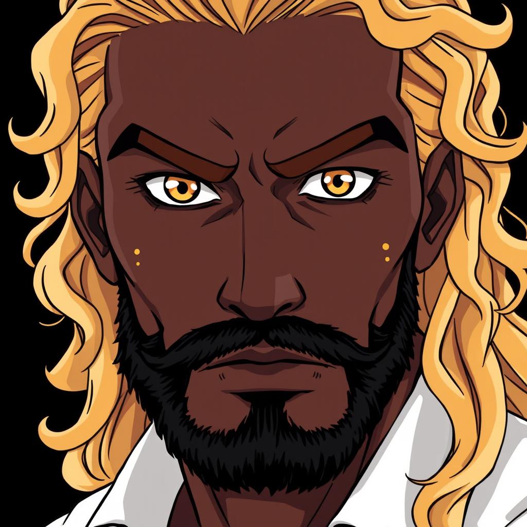 An anime man with dark skin and strong features, displaying long, curly blond hair that frames his face