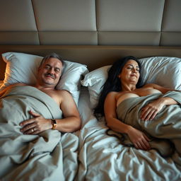 A middle-aged couple, both around forty years old, lying in separate single beds in a hotel room