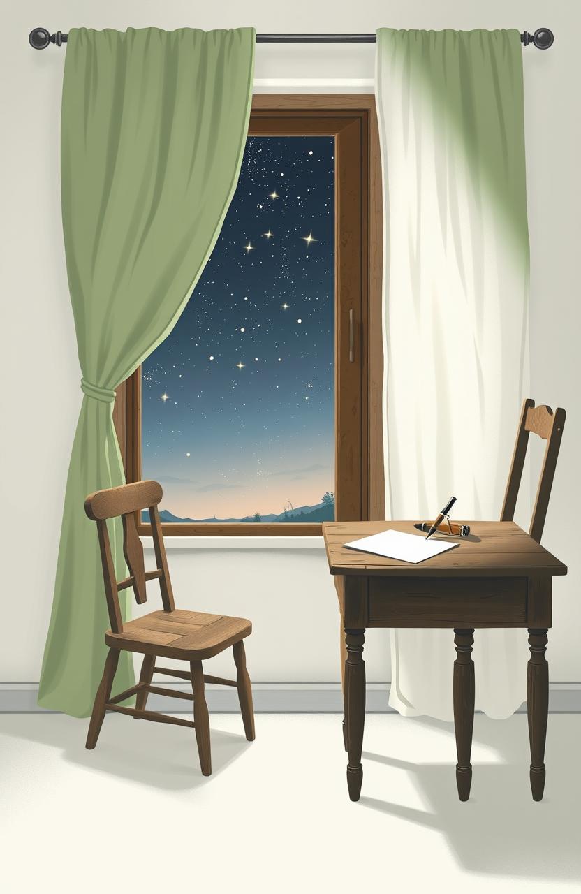 An emotional and nostalgic interior scene featuring an old wooden chair and a rustic table