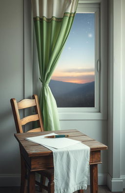An emotional and nostalgic interior scene featuring an old wooden chair and a rustic table