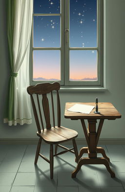An emotional and nostalgic interior scene featuring an old wooden chair and a rustic table