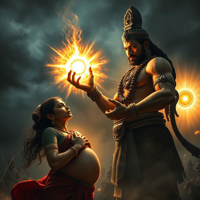 A dramatic and emotional image capturing the pivotal moment when Ashwatthama unleashes the Brahmastra to target Uttara's unborn child