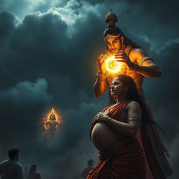 A dramatic and emotional image capturing the pivotal moment when Ashwatthama unleashes the Brahmastra to target Uttara's unborn child