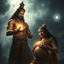A dramatic and emotional image capturing the pivotal moment when Ashwatthama unleashes the Brahmastra to target Uttara's unborn child