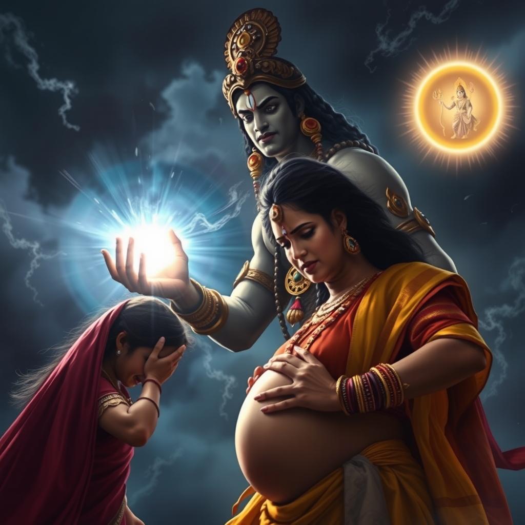 A dramatic and emotional image capturing the pivotal moment when Ashwatthama unleashes the Brahmastra to target Uttara's unborn child