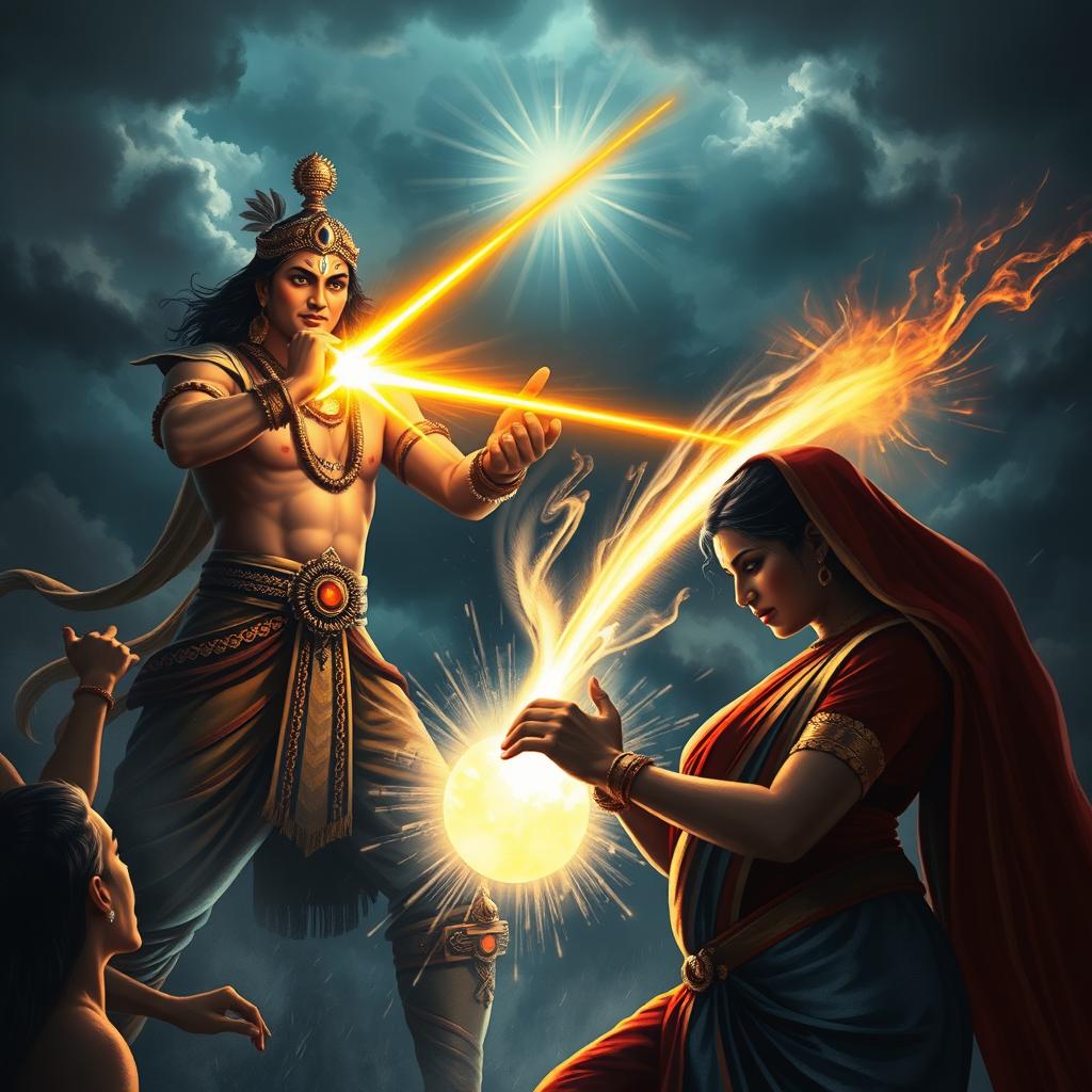 A dramatic and emotional image portraying the crucial moment when Ashwatthama unleashes the Brahmastra to target the unborn child in Uttara's womb