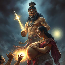 A dramatic and emotional image portraying the crucial moment when Ashwatthama unleashes the Brahmastra to target the unborn child in Uttara's womb