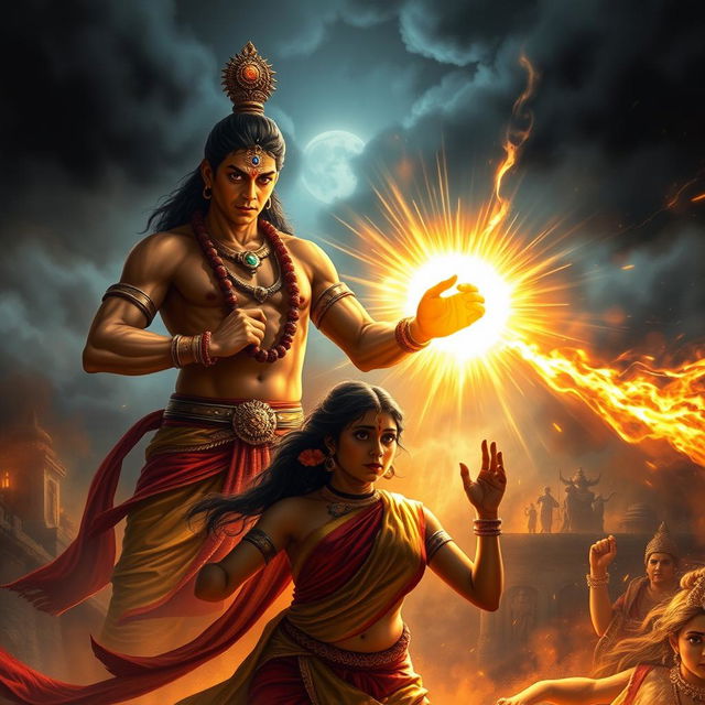 A dramatic and emotional image portraying the crucial moment when Ashwatthama unleashes the Brahmastra to target the unborn child in Uttara's womb