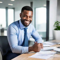 A professional, friendly mortgage broker in a modern office, shuffling through paperwork with a welcoming smile.