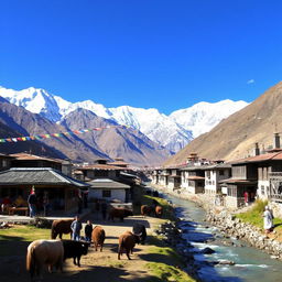 A picturesque Tibetan village nestled in the mountains, featuring traditional Tibetan architecture with colorful prayer flags fluttering in the breeze