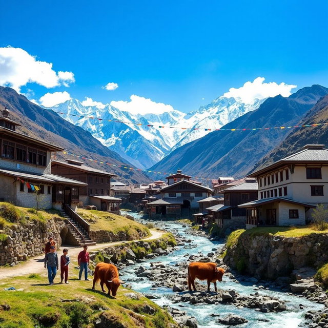 A picturesque Tibetan village nestled in the mountains, featuring traditional Tibetan architecture with colorful prayer flags fluttering in the breeze