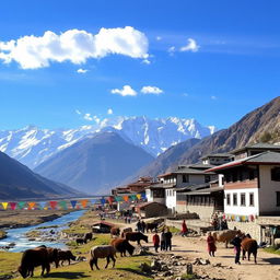 A picturesque Tibetan village nestled in the mountains, featuring traditional Tibetan architecture with colorful prayer flags fluttering in the breeze