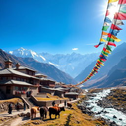 A picturesque Tibetan village nestled in the mountains, featuring traditional Tibetan architecture with colorful prayer flags fluttering in the breeze