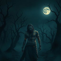 A haunting and emotional image of Ashwatthama, cursed by Lord Krishna, wandering alone in a desolate and eerie forest beneath a dark, moonlit sky