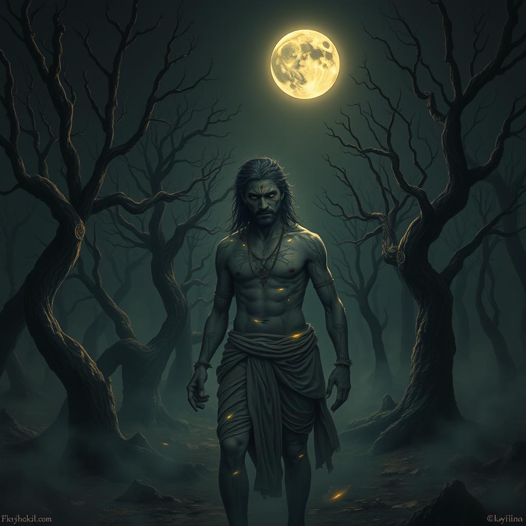 A haunting and emotional image of Ashwatthama, cursed by Lord Krishna, wandering alone in a desolate and eerie forest beneath a dark, moonlit sky