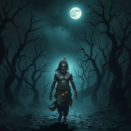 A haunting and emotional image of Ashwatthama, cursed by Lord Krishna, wandering alone in a desolate and eerie forest beneath a dark, moonlit sky