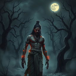 A haunting and emotional image of Ashwatthama, cursed by Lord Krishna, wandering alone in a desolate and eerie forest beneath a dark, moonlit sky
