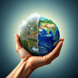 A book cover design featuring a human hand holding the planet Earth, with the Earth split in half