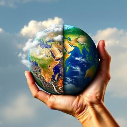 A book cover design featuring a human hand holding the planet Earth, with the Earth split in half
